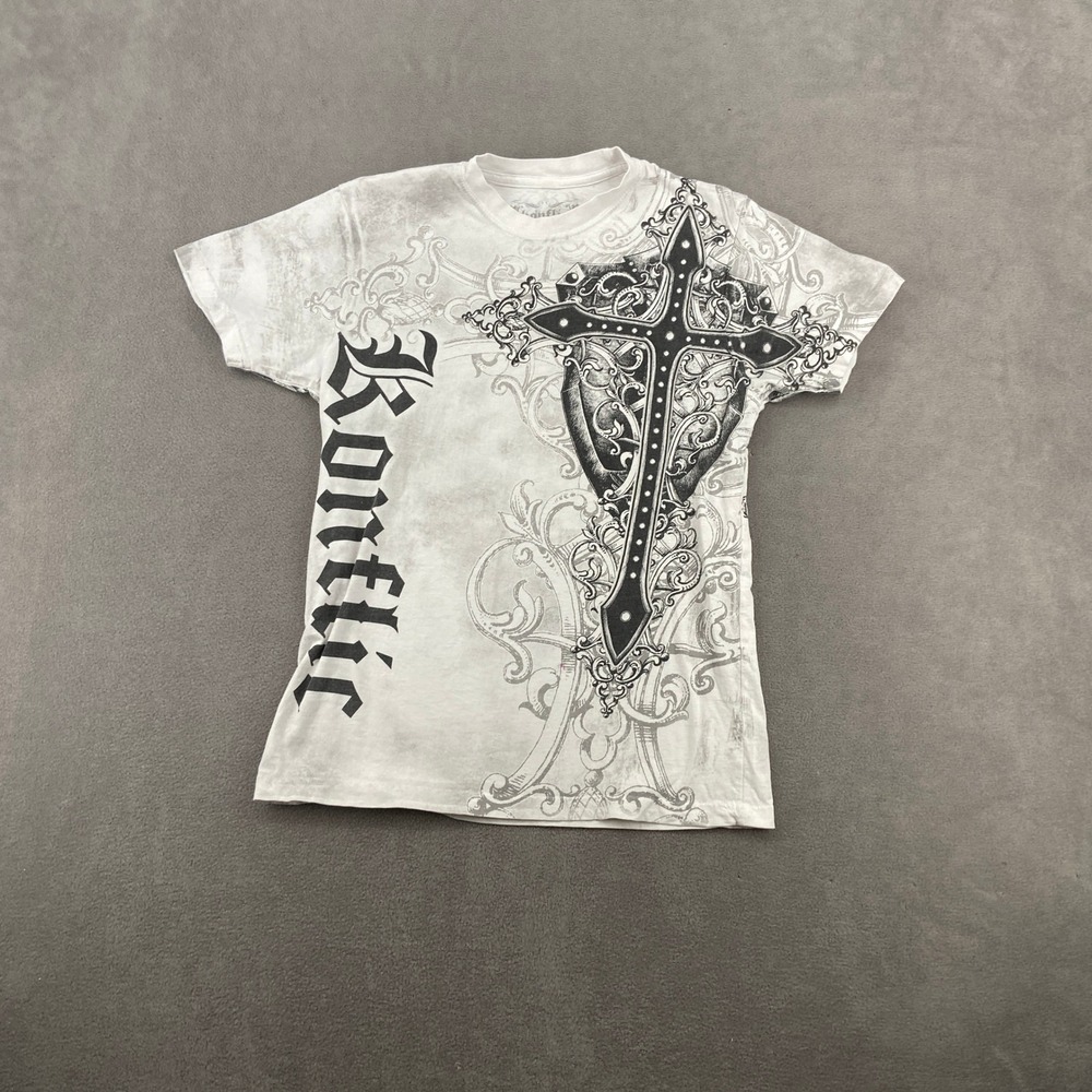 Konflic Mens Graphic T-Shirt White Gothic Cross Shield MMA Biker Y2K Medium